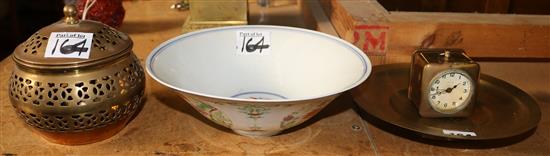 Oriental bowl, brass clock, dish and a pot